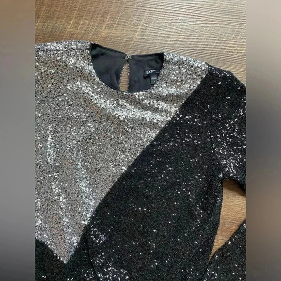 EXPRESS black & silver sequin bodysuit thong size S party cocktail Y2K sexy EUC - Picture 6 of 9